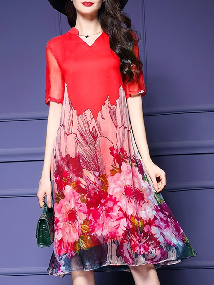 Red Elegant Floral V Neck Midi Dress