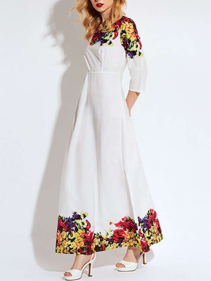 Fashion Round Neck  Printed  Polyester Maxi Dress