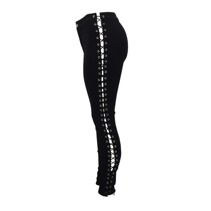 Side Metal Eyelet Decoration Tied Rope Sexy Jeans Pants