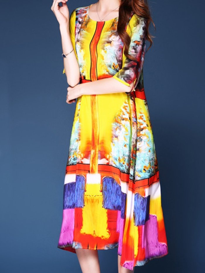 Fashion Colorful Round Neck Side Slit Printed Maxi Dress