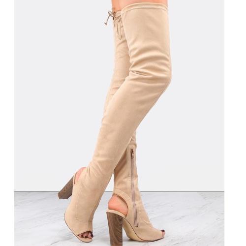 Heel Cut Out Suede Thigh Boots NUDE