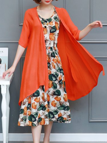 Two Piece Crew Neck Printed Casual Plus Size Maxi Dress