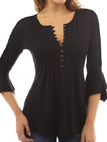 Asymmetrical Buttoned Crew Neck 3/4 Sleeve Simple Blouse
