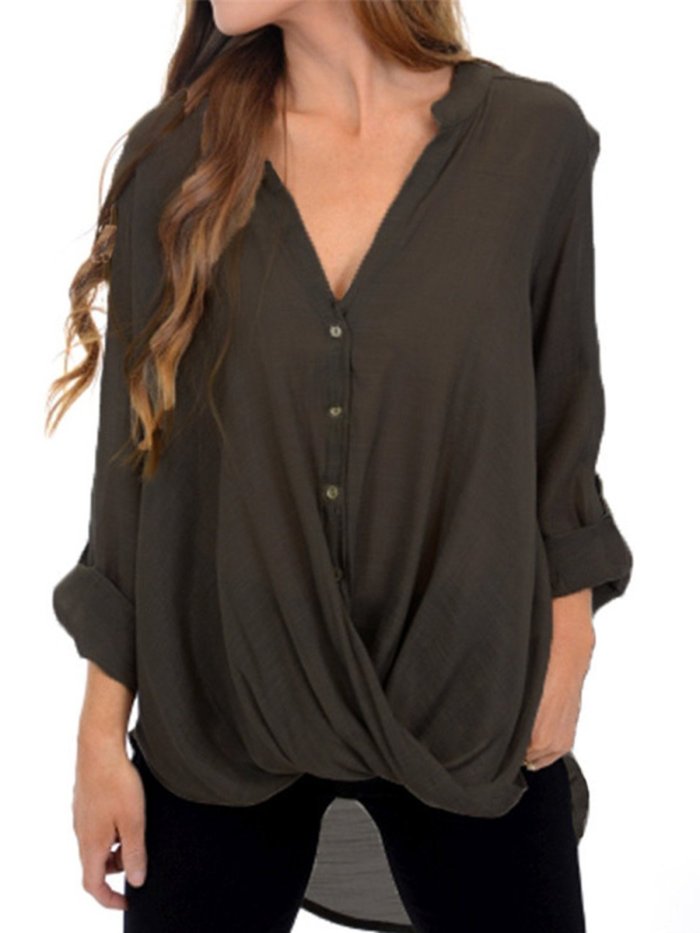 3/4 Sleeve Solid Cotton Casual Shirred Blouses