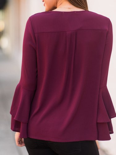Burgundy Casual Polyester Solid Ruffled Blouses &