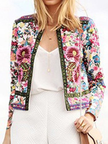 Collarless  Floral  Long Sleeve Jackets