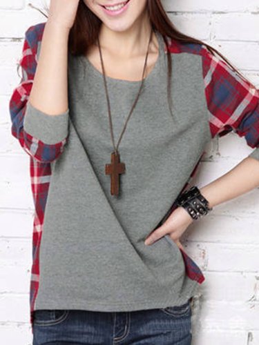 Gray Paneled Crew Neck High Low Checkered Blouse