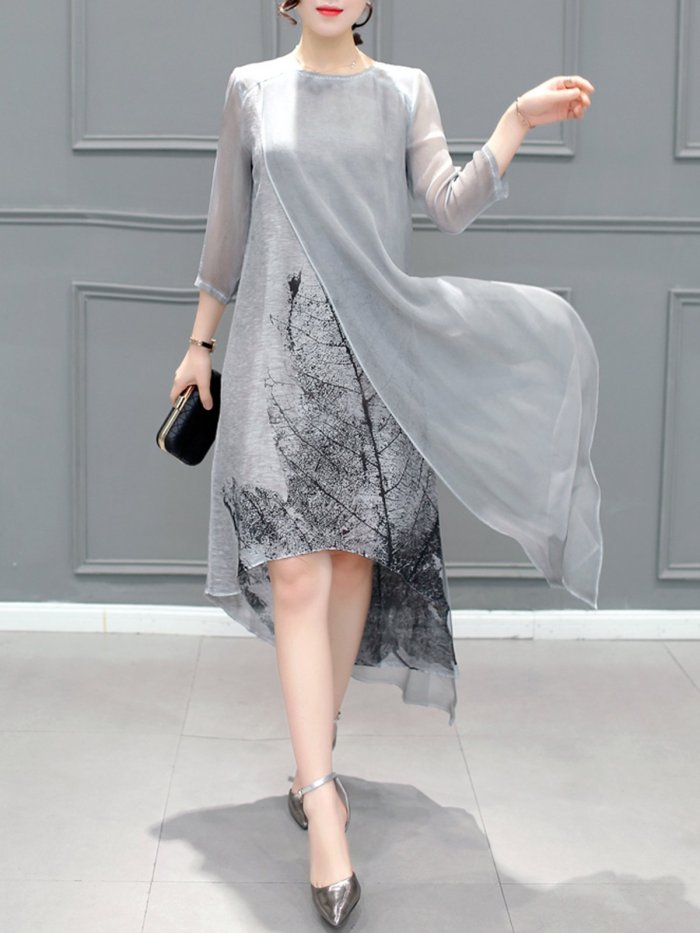 Gray Asymmetrical Printed Casual Dress