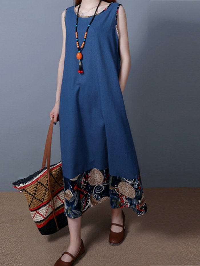 Round Neck  Patchwork  Printed Woman Maxi Dress