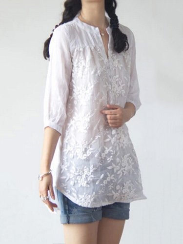 White Long Sleeve Embroidered Floral Organza Blouse