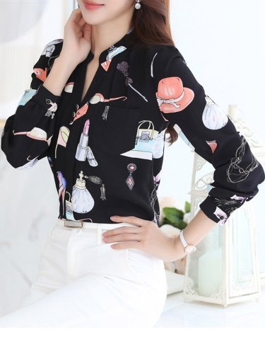 Stand Collar Chiffon Printed Long Sleeve Plus Size Blouse