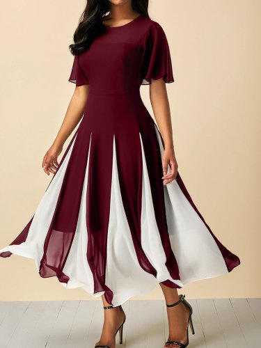 Color-block Elegant Frill Sleeve Chiffon Paneled Dress