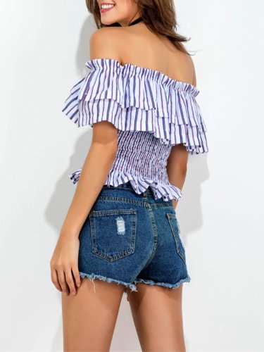 Off Shoulder Striped Ruffled Casual Blouses