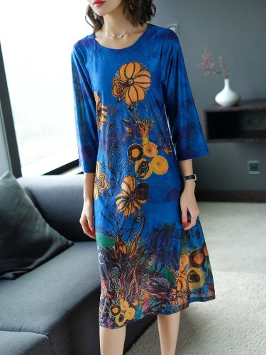 Royal blue Shift Daytime Casual Floral Plus Size Midi Dress