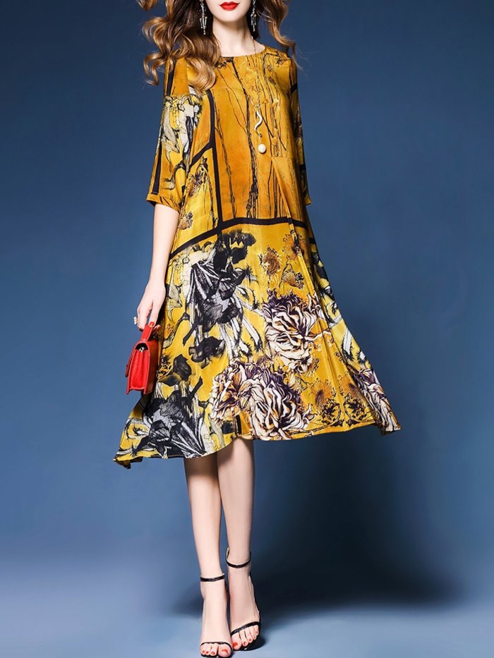 Yellow Printed Vintage Chiffon Midi Dress