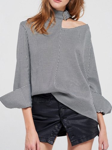 Long Sleeve Stand Collar Casual Cotton Gingham Shirt