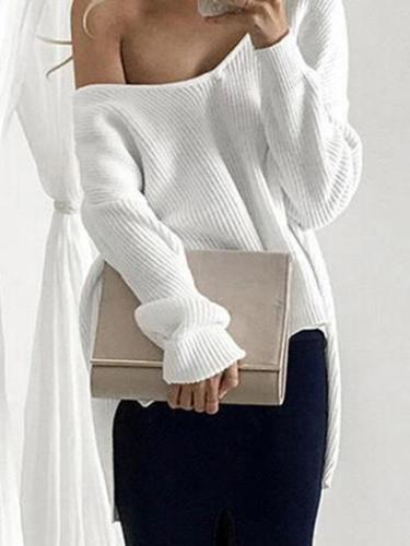 Solid Color Asymmetric V-neck Loose Sweater Tops