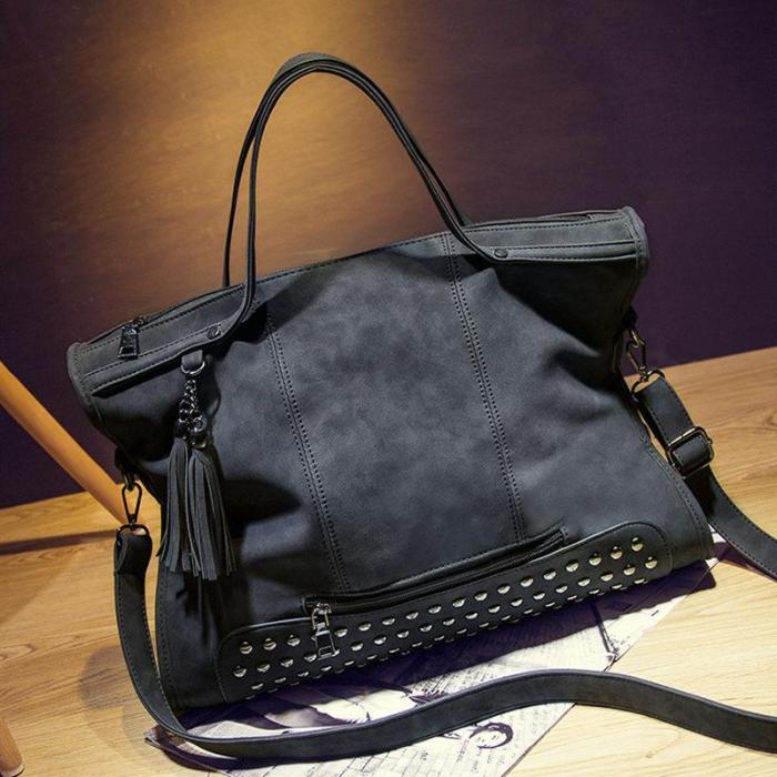 Elegant Rivet Nubuck Leather Tassel  Vintage Shoulder Bag