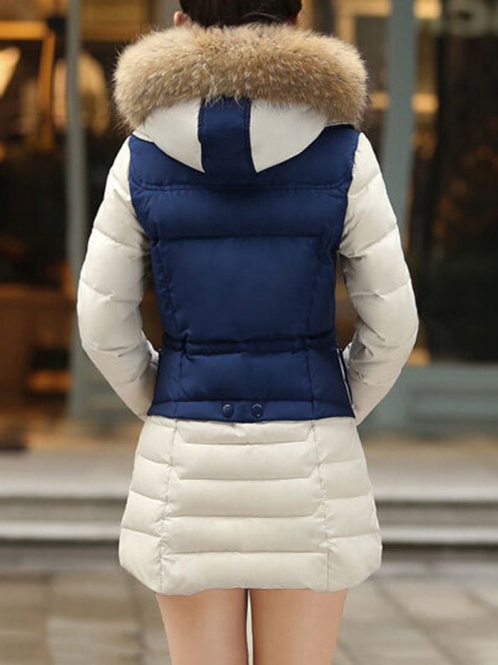 Hooded Color Block Quilted Zips Pocket Padded Coat
