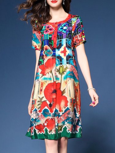 Multicolor Floral Printed A-line Casual Dress
