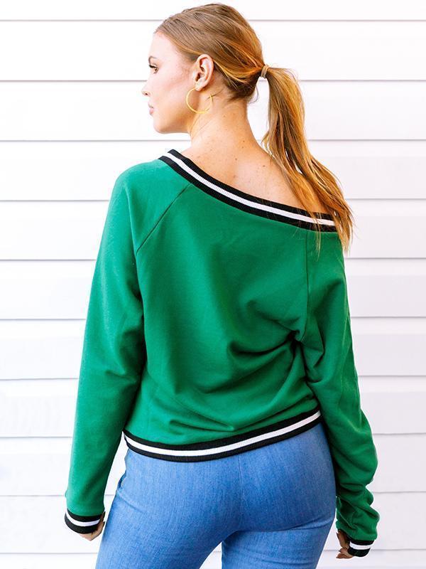 Fashion Knitting Green V-neck Sweater Tops