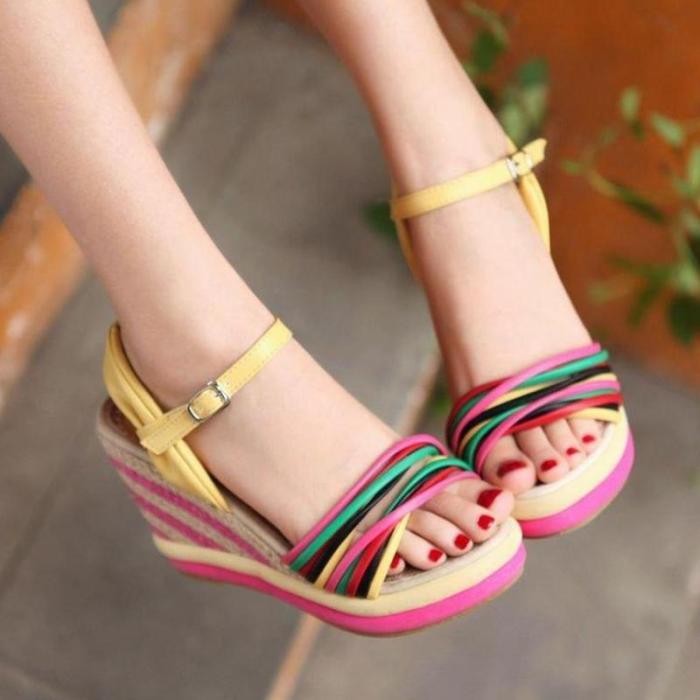 Rainbow Ankle Strap Woven Wedge Heel Sandals