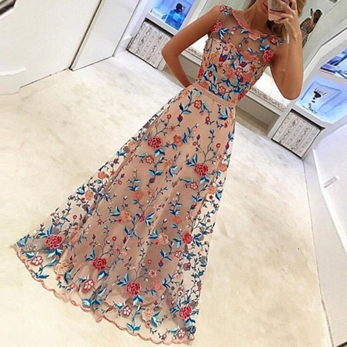 New Elegant Embroidery Printed Sleeveless Expansion Evening Dress