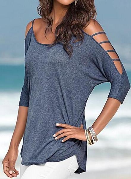 Dusty Blue Cutout Sleeves Casual Blouse