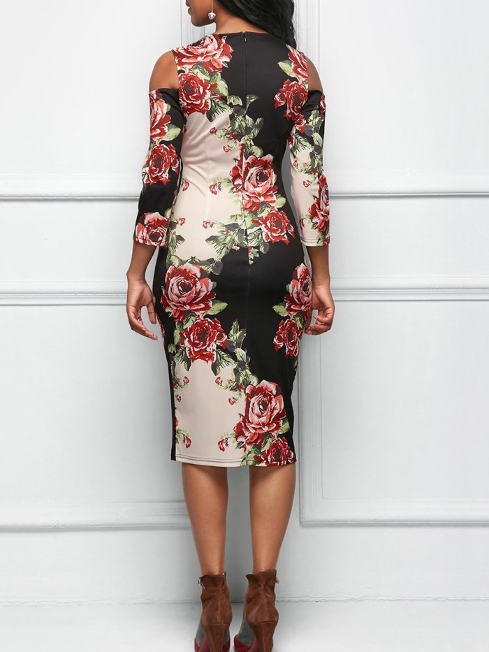 New Open Shoulder Floral Printed Bodycon Dress