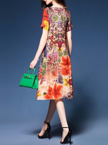 Plus Size Floral Printed Pockets A-line Dress