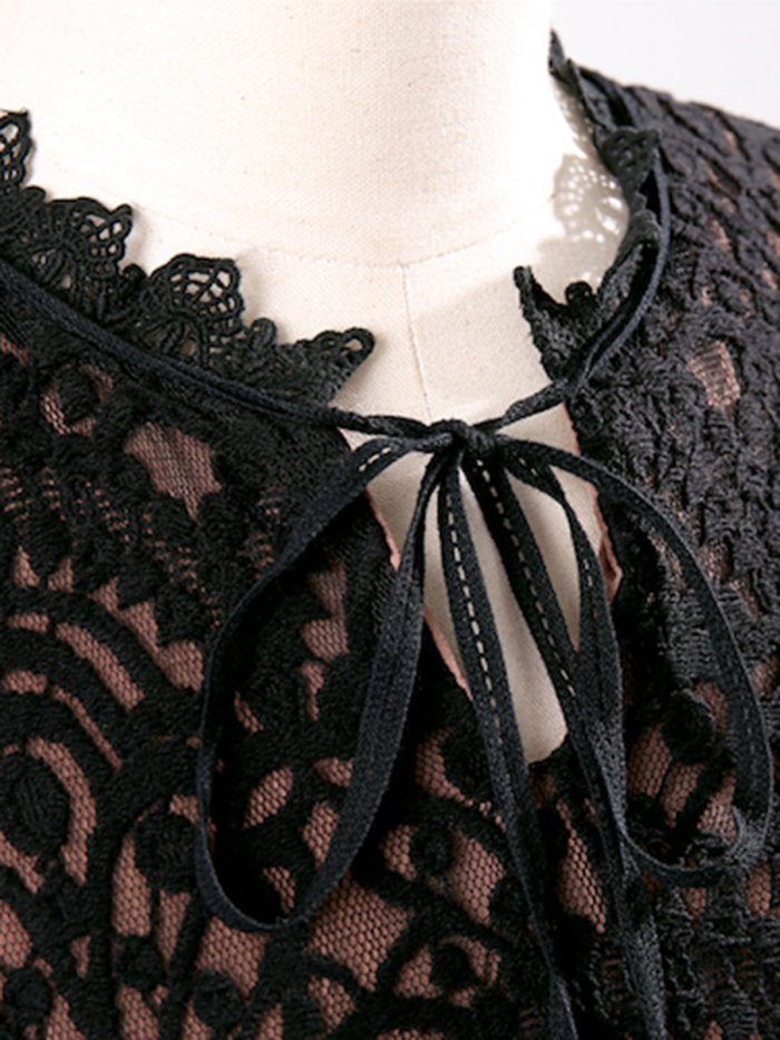 Black Guipure lace Long Sleeve Elegant A-line Dress