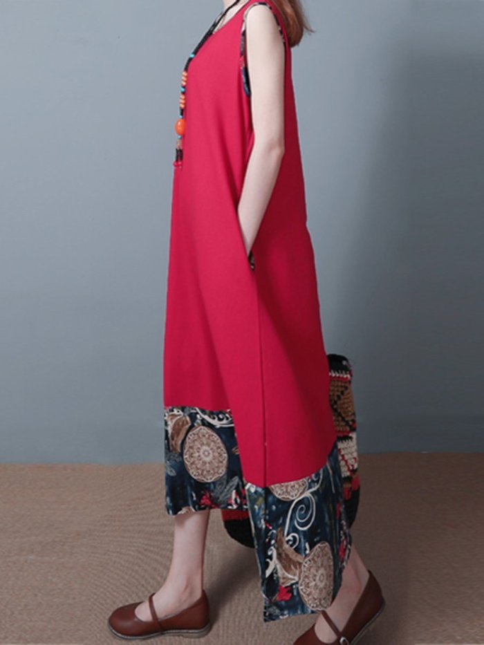 Round Neck  Patchwork  Printed Woman Maxi Dress