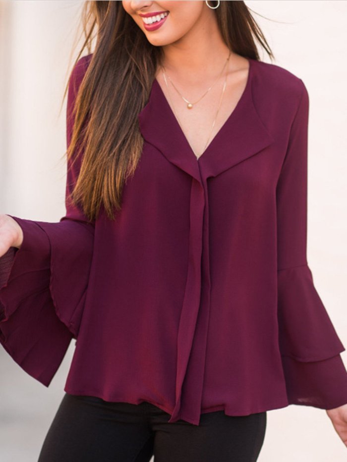 Burgundy Casual Polyester Solid Ruffled Blouses &