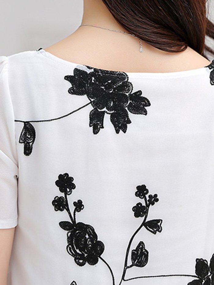 Short Sleeve Casual Floral Embroidered Plus Size Chiffon Blouse