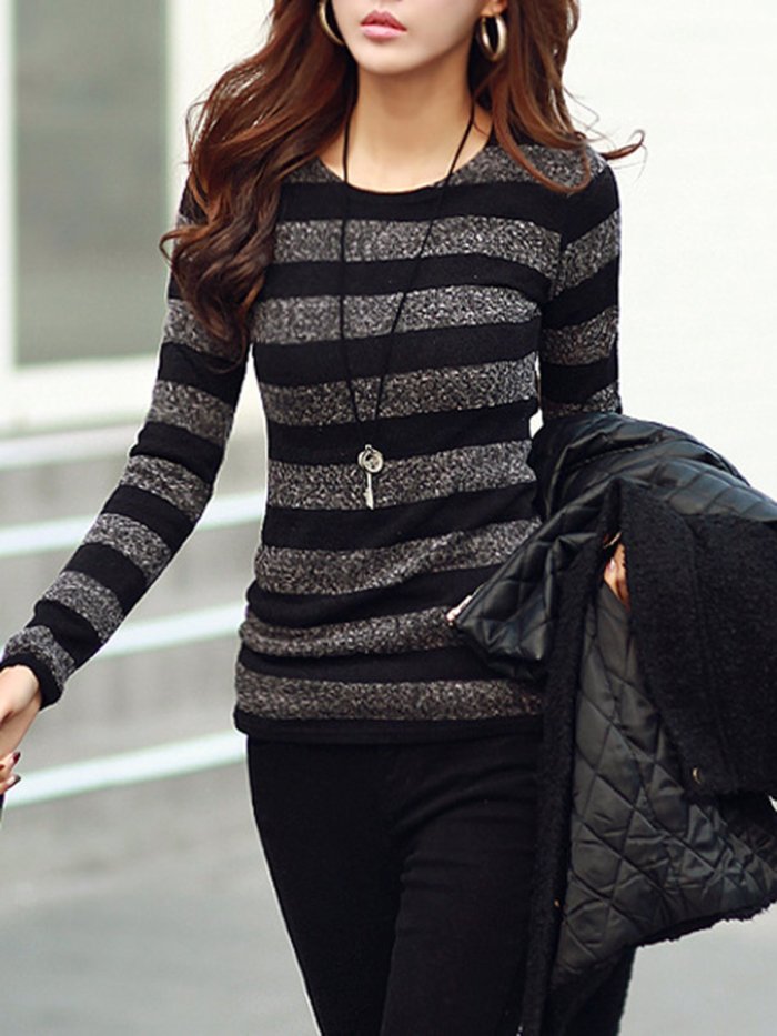 Stripes Crew Neck Casual Long Sleeve T-Shirt