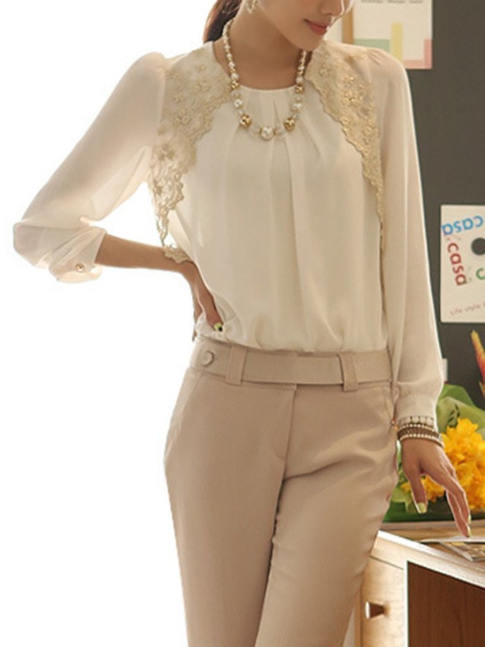 New Round Neck  Decorative Lace  Embroidery Blouses