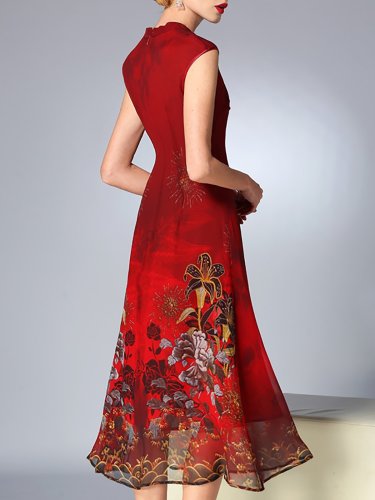 Burgundy A-line Floral Sleeveless Midi Dress