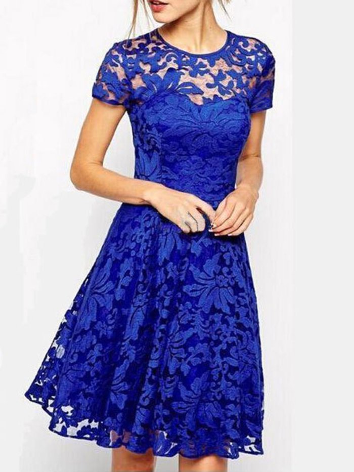 Plus Size Elegant Lace Short Sleeve Gathered Party Dress