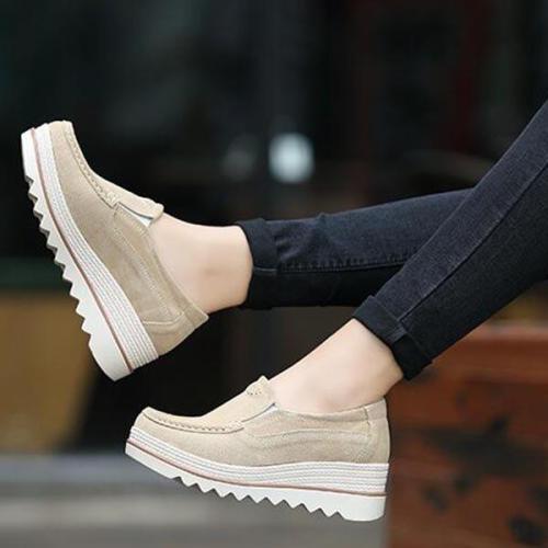 Womens Breathable Suede Round Toe Slip On Platform Shoes