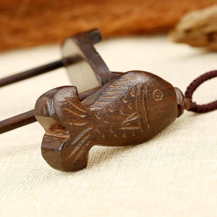 Lucky Fish Wooden Pendant Retro Necklace Knitted Rope