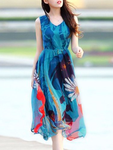 Sleeveless Ruffled A-line Floral Printed Casual Dress