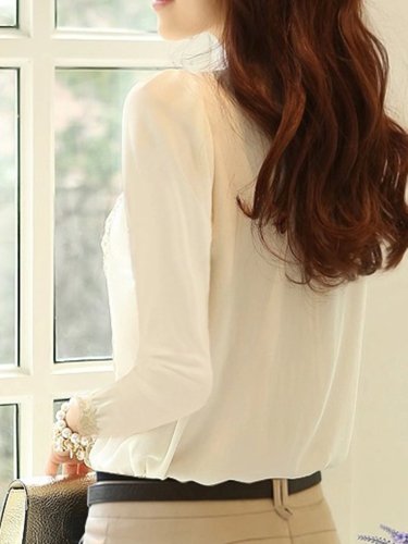 Long Sleeve Casual Solid Beaded Plus Size Blouse