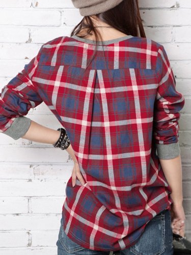 Gray Paneled Crew Neck High Low Checkered Blouse