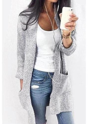 Pure Color Long Length Cardigan With Pocket