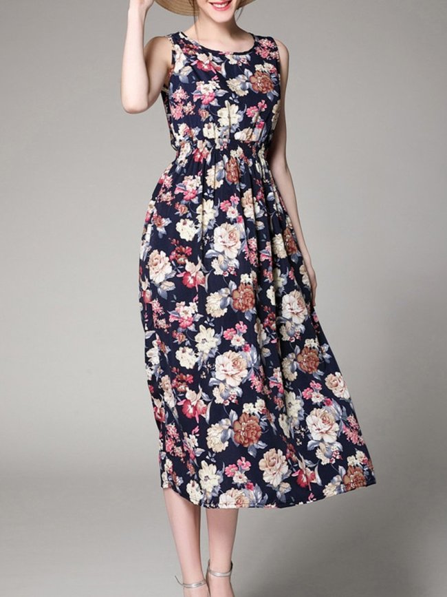 Round Neck  Elastic Waist  Floral Printed Maxi Dress