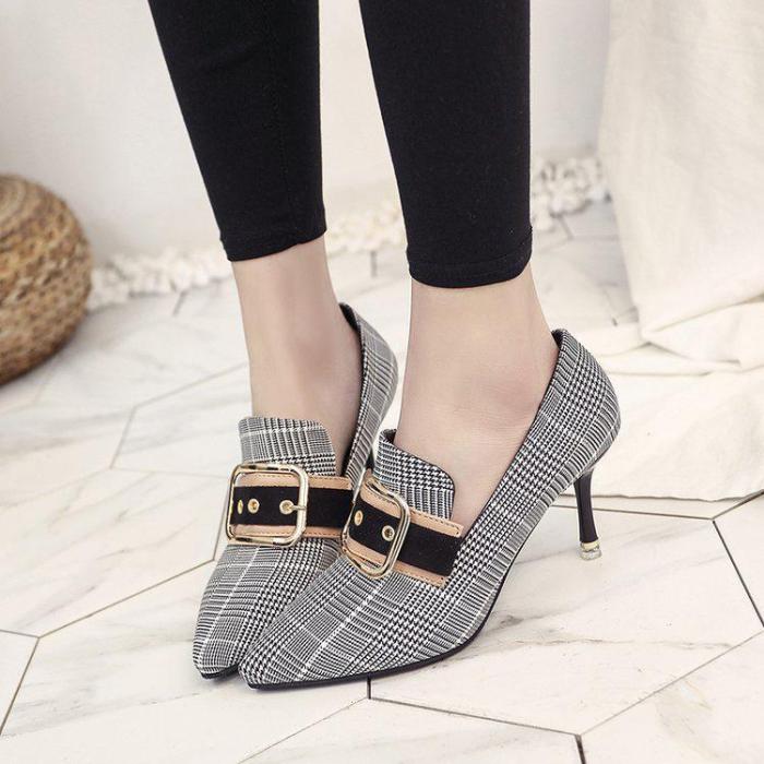 Pointed Toe Plaid High Heel Woman Shoes