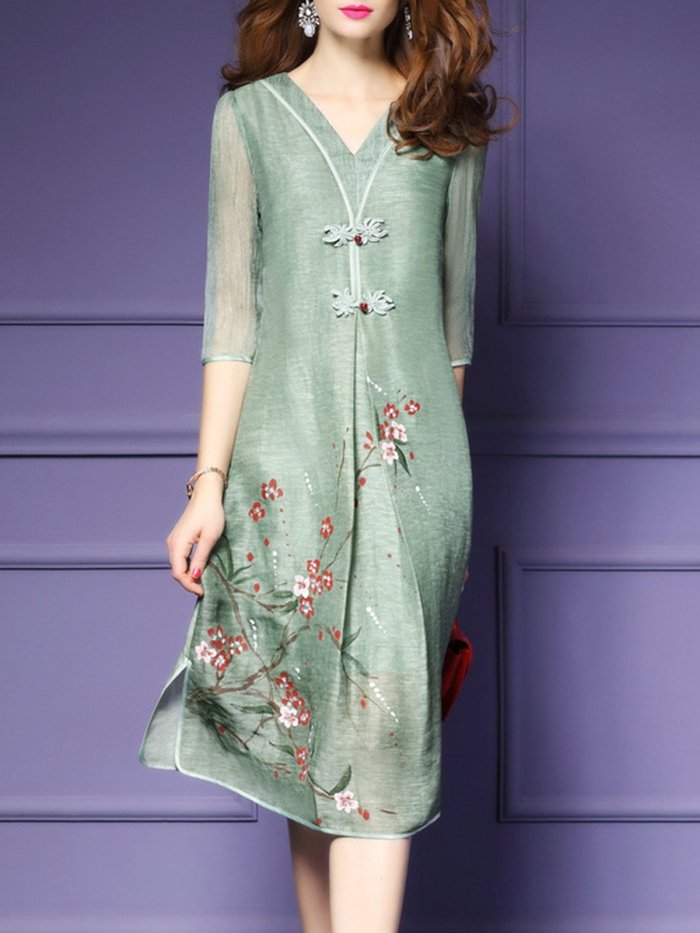 Half Sleeve Satin Vintage Floral-print Plus Size Dress
