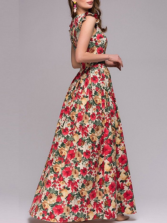 Woman Boat Neck  Floral Printed Maxi Dress