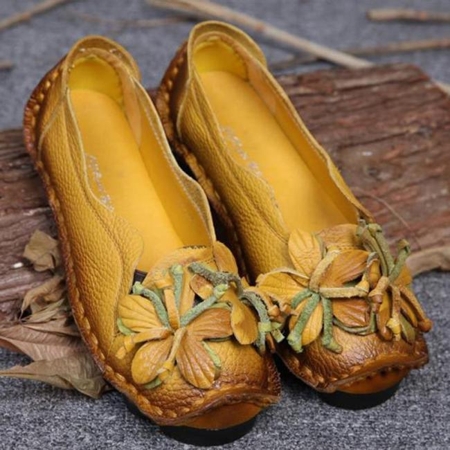 Flower Cowhide Women's Slip-On Loafers