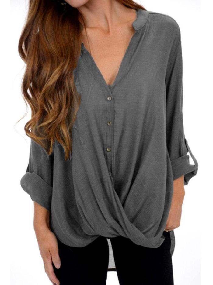 3/4 Sleeve Solid Cotton Casual Shirred Blouses